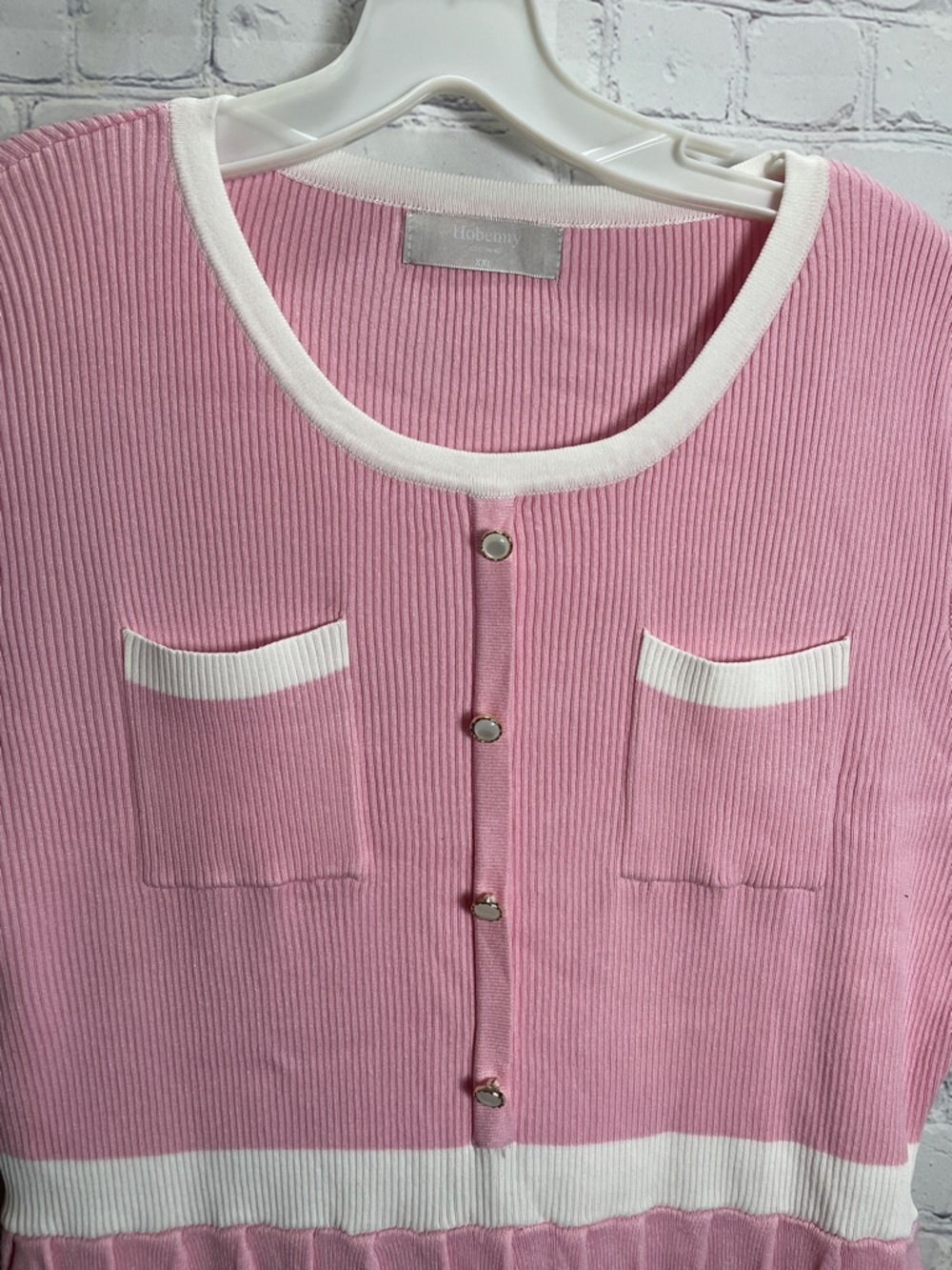 Cotton Candy Pink and Whit Short Sleeve Pleated Knee Length Spring Tennis Dress - Picture 6 of 10